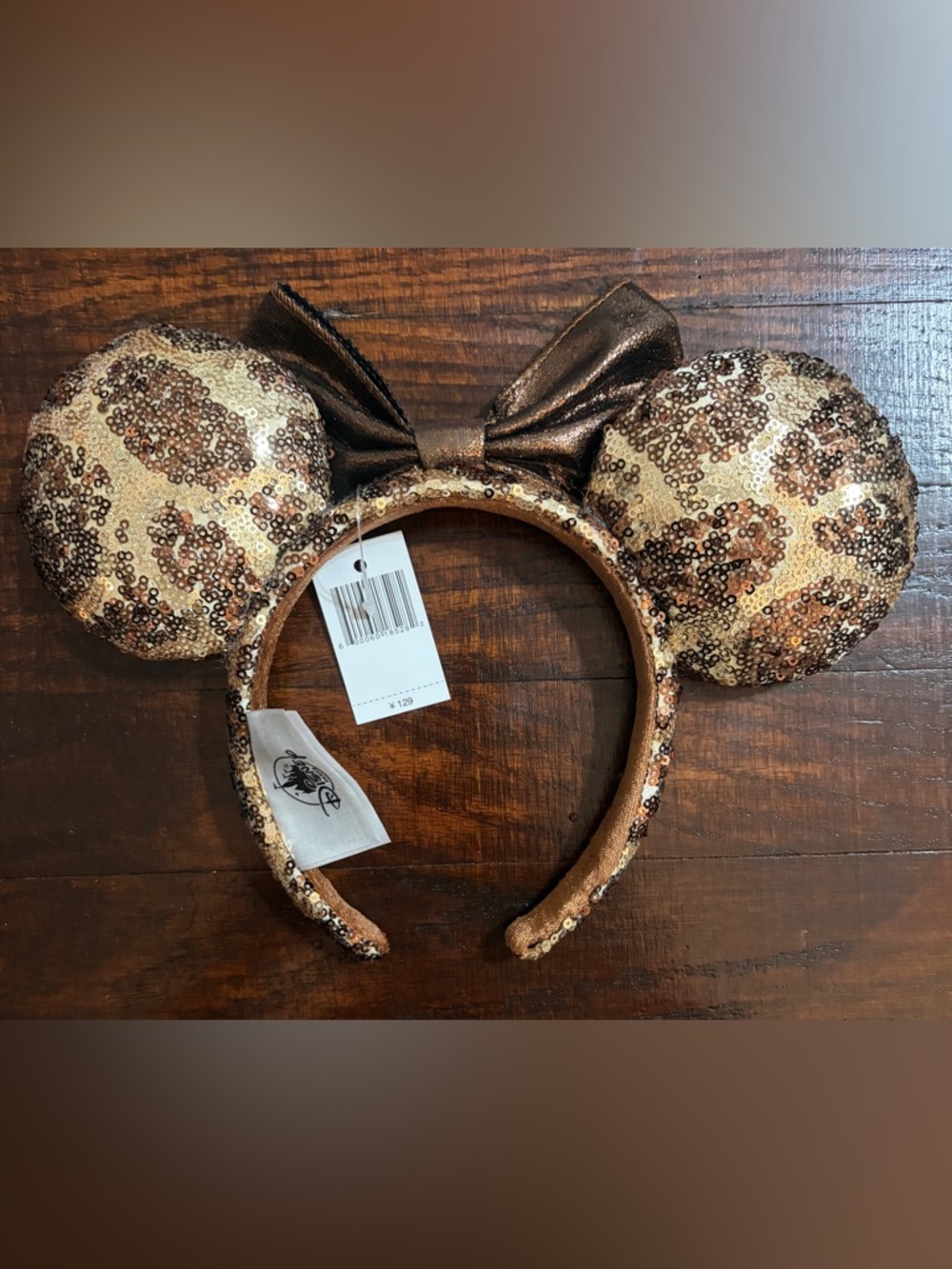 Sequin Leopard Themed Mouse Ears Headband With Bronze Bow - Picture 3 of 3